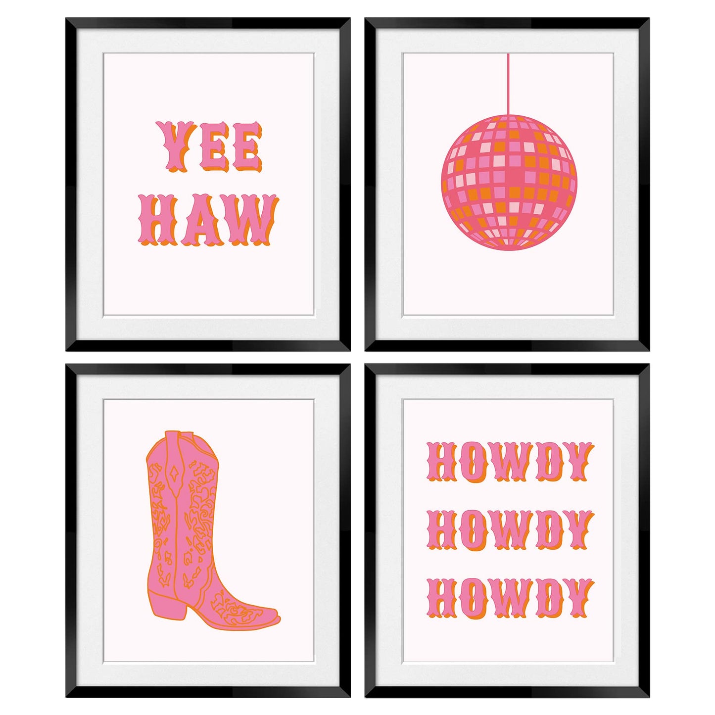 OGILRE Preppy Pink Abstract Disco Ball Cowgirl Boots Howdy Yee Haw Wall Art Decorations Prints, Cowgirl Boho Poster, 8x10 Inch 4 Set Unframed