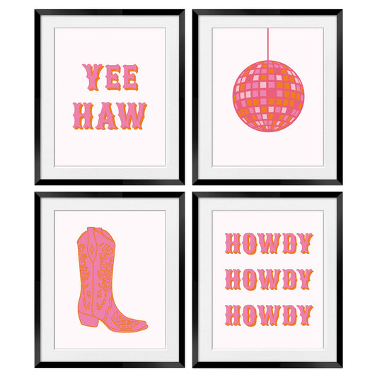 OGILRE Preppy Pink Abstract Disco Ball Cowgirl Boots Howdy Yee Haw Wall Art Decorations Prints, Cowgirl Boho Poster, 8x10 Inch 4 Set Unframed