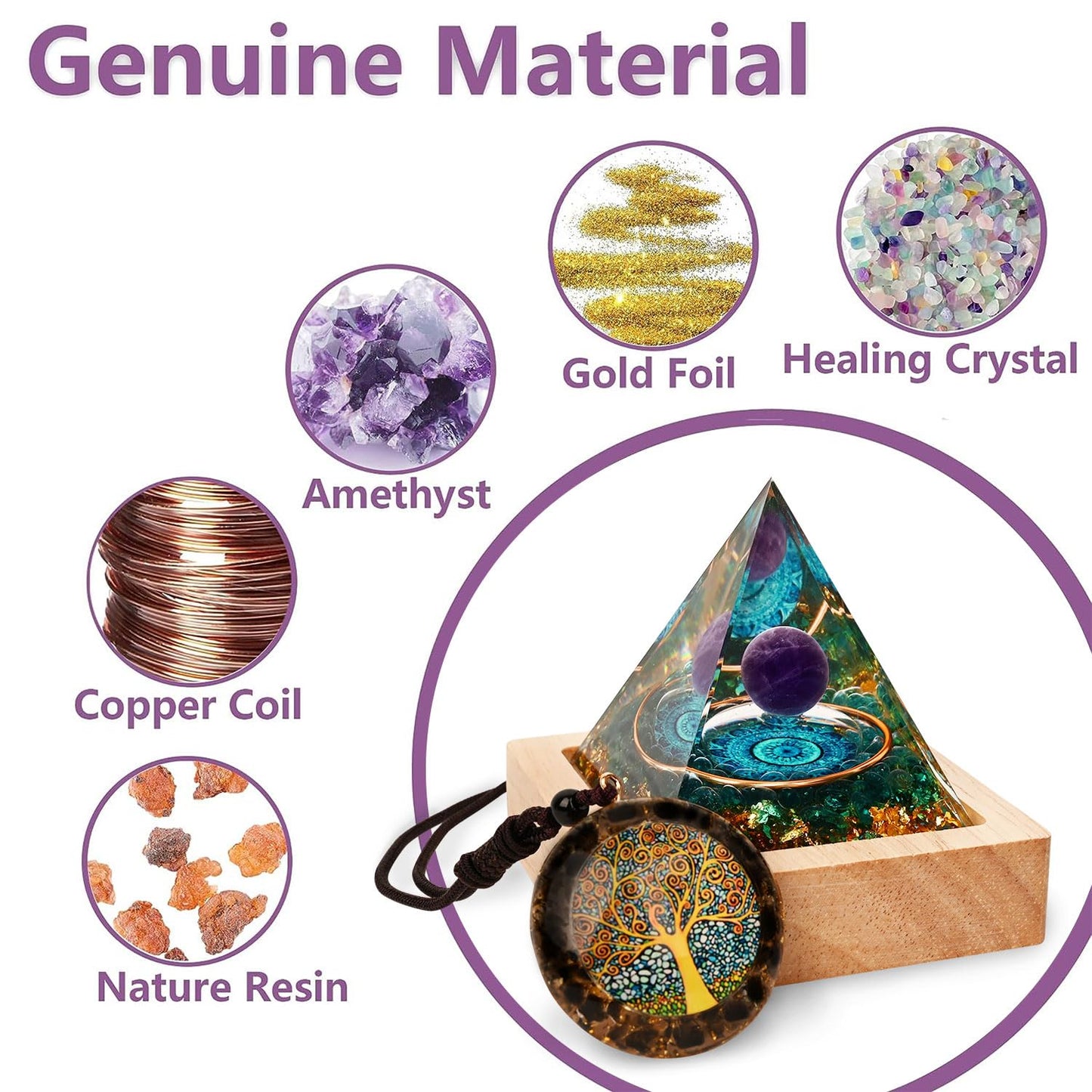 Zurligi Organite Orgone Pyramid, Orgone Pyramid with Wooden Led Display Base with Remote Control Amethyst Chakra New Inspirational Orgonite Crystal Pyramid Kit for Positive Energy