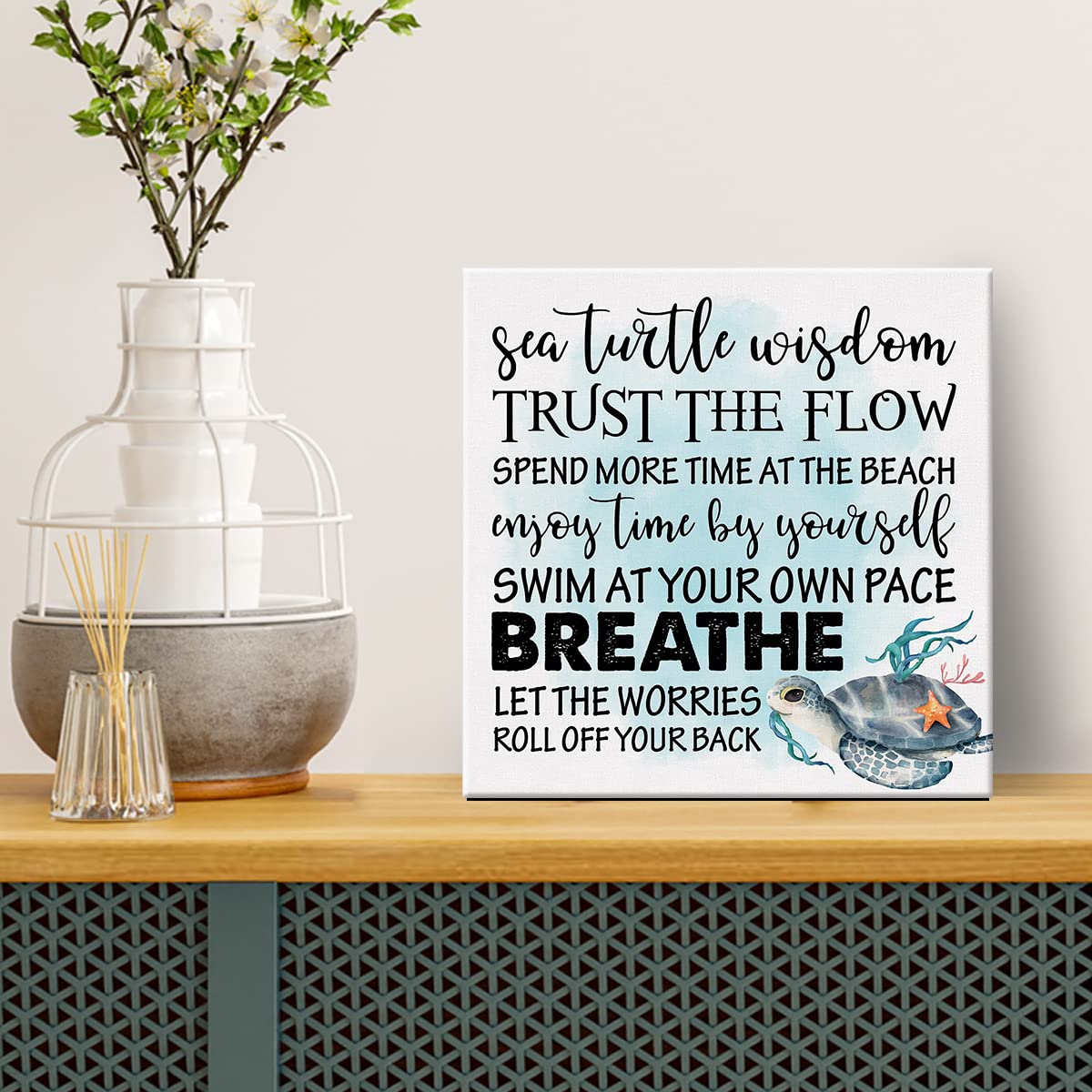 Beach Sea Turtle Canvas Prints Wall Art Decor Sea Turtle Quote Poster Painting Framed Artwork Summer Signs Farmhouse Home Shelf Desk Wall Decoration 8 x 8 Inch