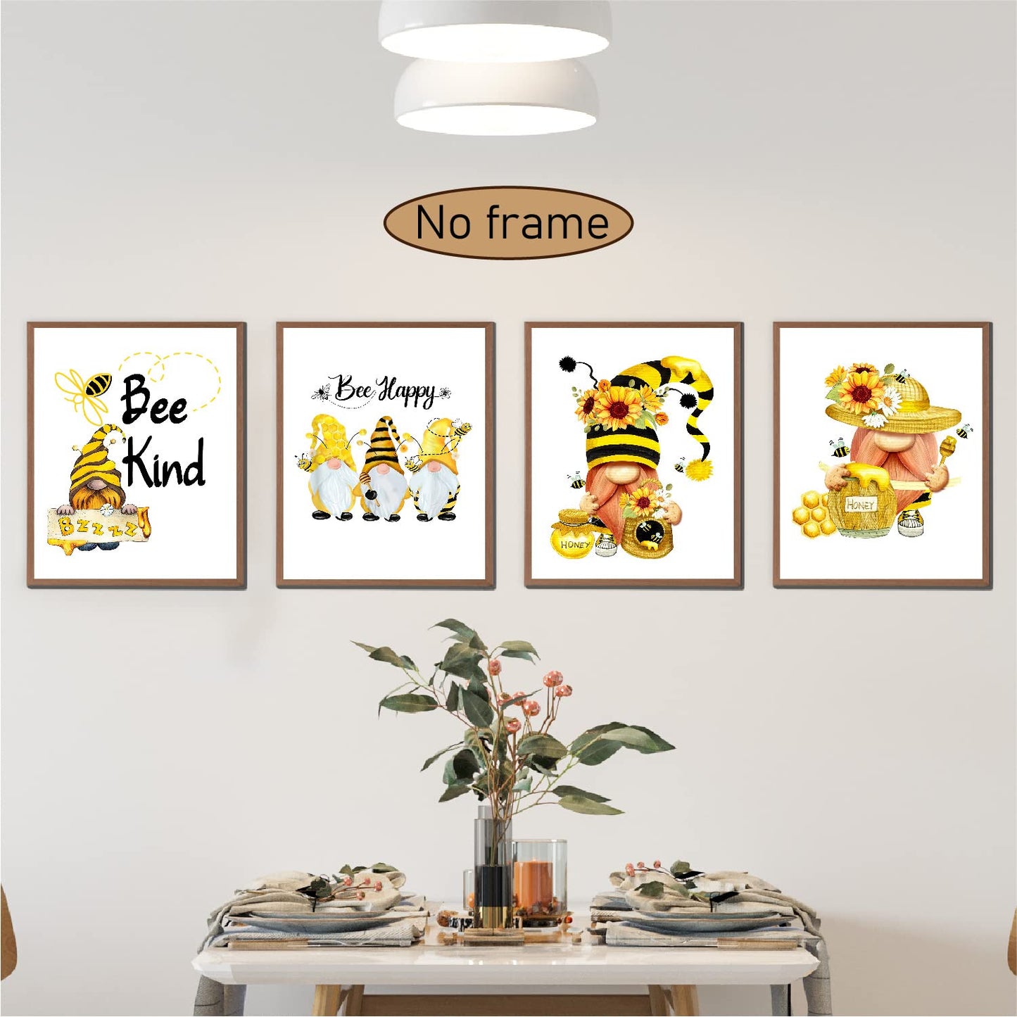VNWEK Bee Kind Bee Happy Cute Sunflower Gnome Floral Inspirational Wall Art Poster Prints Unframed 8”x10”Set Of 4,Funny Gnome Decorations for Home Kitchen Girls Room,Gnome Lovers Women Girls Gifts