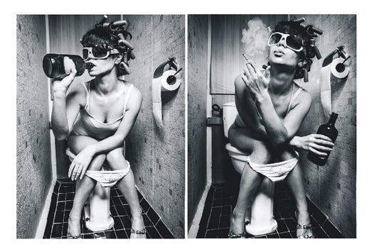 Woman Rest and Relax on Toilet Print Wall Art Décor for Bathroom Toilet Cloakroom, Black and White Women in Bathroom Art Canvas Print Poster Pictures Paintings MuralsPortrait Photography,No Frame