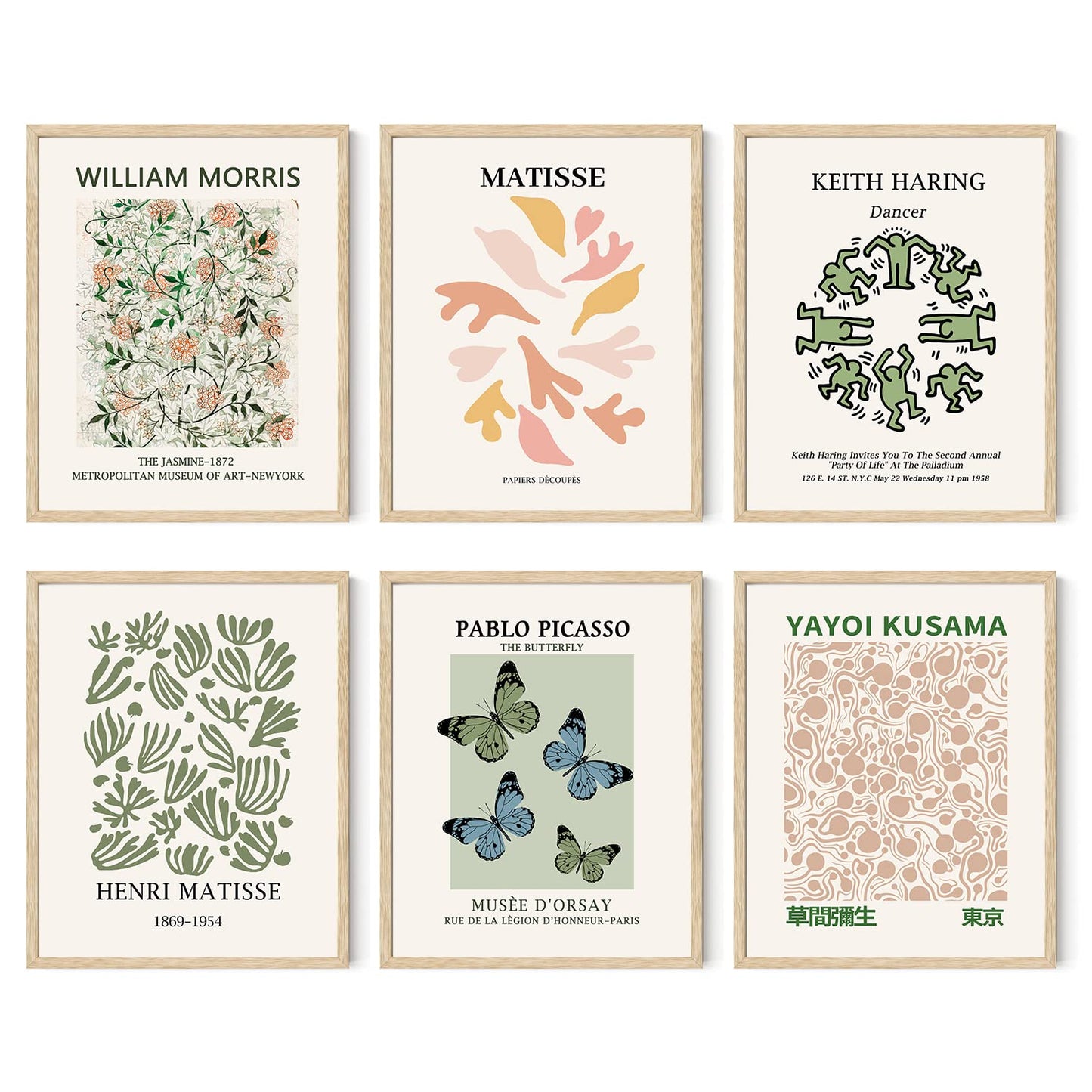 Iknostine Famous Artist Wall Art Prints Set of 6 Matisse Posters Canvas Artwork Aesthetic William Morris Picasso Butterfly Gallery Wall Decor for Bedroom Kitchen Dorm Living Room (8"x10" UNFRAMED)