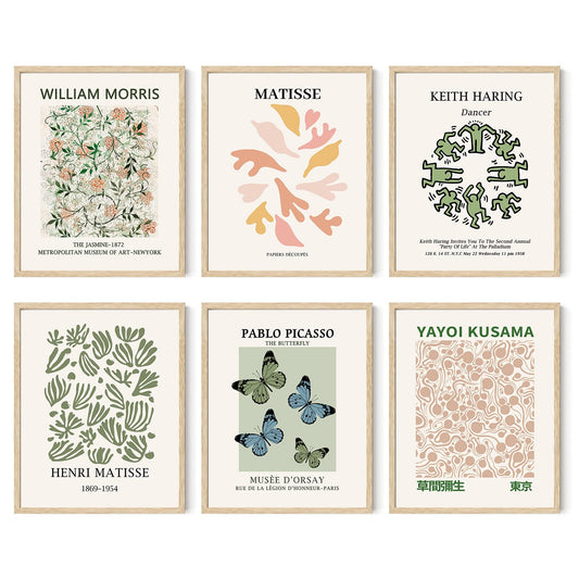 Iknostine Famous Artist Wall Art Prints Set of 6 Matisse Posters Canvas Artwork Aesthetic William Morris Picasso Butterfly Gallery Wall Decor for Bedroom Kitchen Dorm Living Room (8"x10" UNFRAMED)