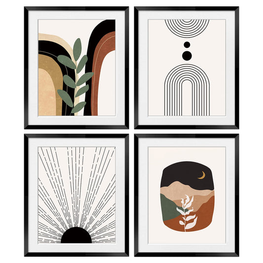 OGILRE Botanical Leaf Sun Moon Desert Mountain Abstract Art Nature Wall Art Decorations Prints, Boho Landscape Drawing Poster, 8x10 Inch 4 Set UNFRAMED
