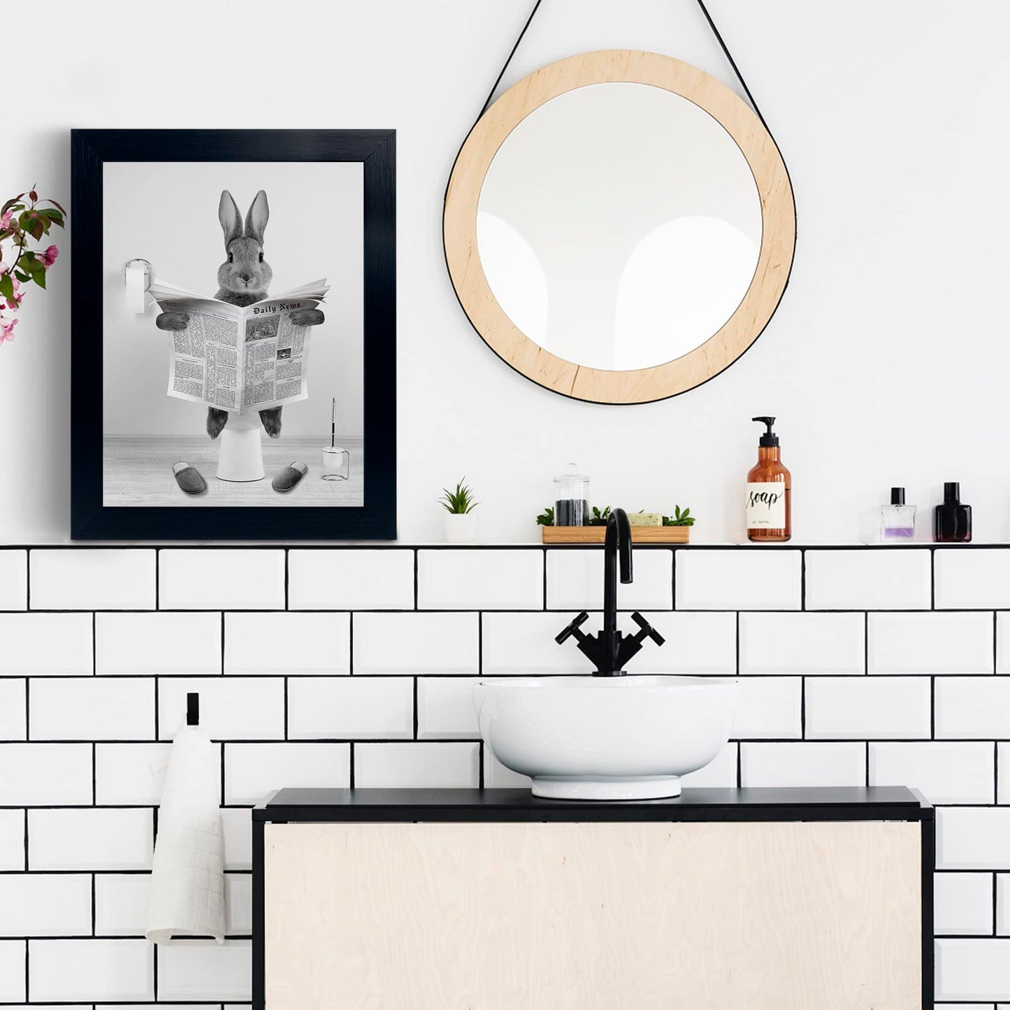 YongArt Black Framed Poster, Cute Rabbit Bathroom Wall Art, Farmhouse Style Animals Bathroom Wall Decor, Black and White Canvas Wall Art Ready to Hang for Kids Bathroom