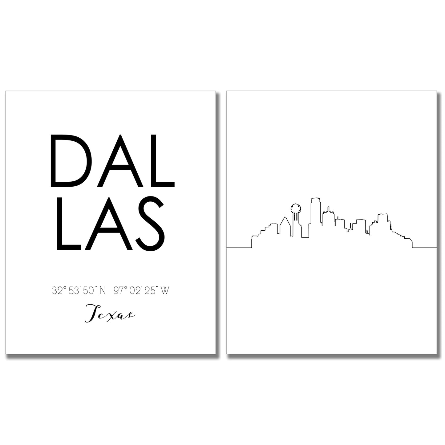 Dallas City Skyline Wall Décor Prints - Set of 2 (8x10) Art Photos - Typography Minimalist Poster