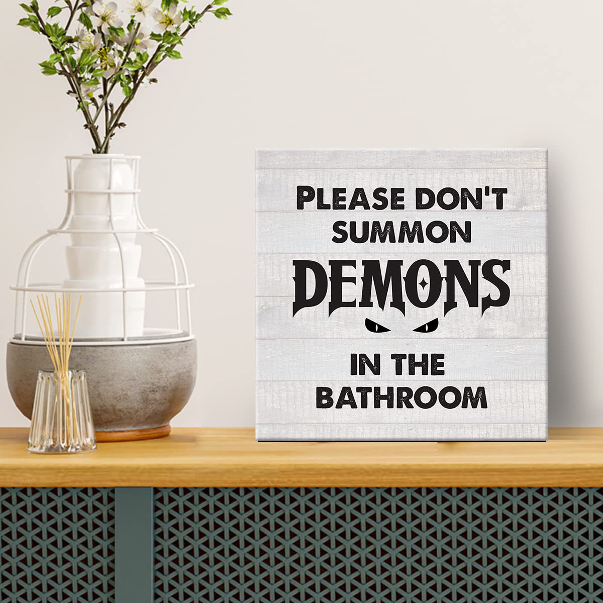 Country Humor Bathroom Canvas Prints Wall Art Decor Please Don’t Summon Demons in the Bathroom Poster Painting Framed Artwork 8 x 8 Inch Home Shelf Wall Decoration