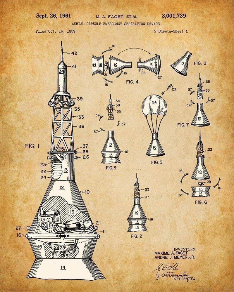 NASA Space Patent Prints - Vintage Space Art Posters, Astronomy Science Room Decoration, Outer Space Accessories and Great Aerospace Engineer Gifts, Set of 4 Photos (8x10) Unframed Posters