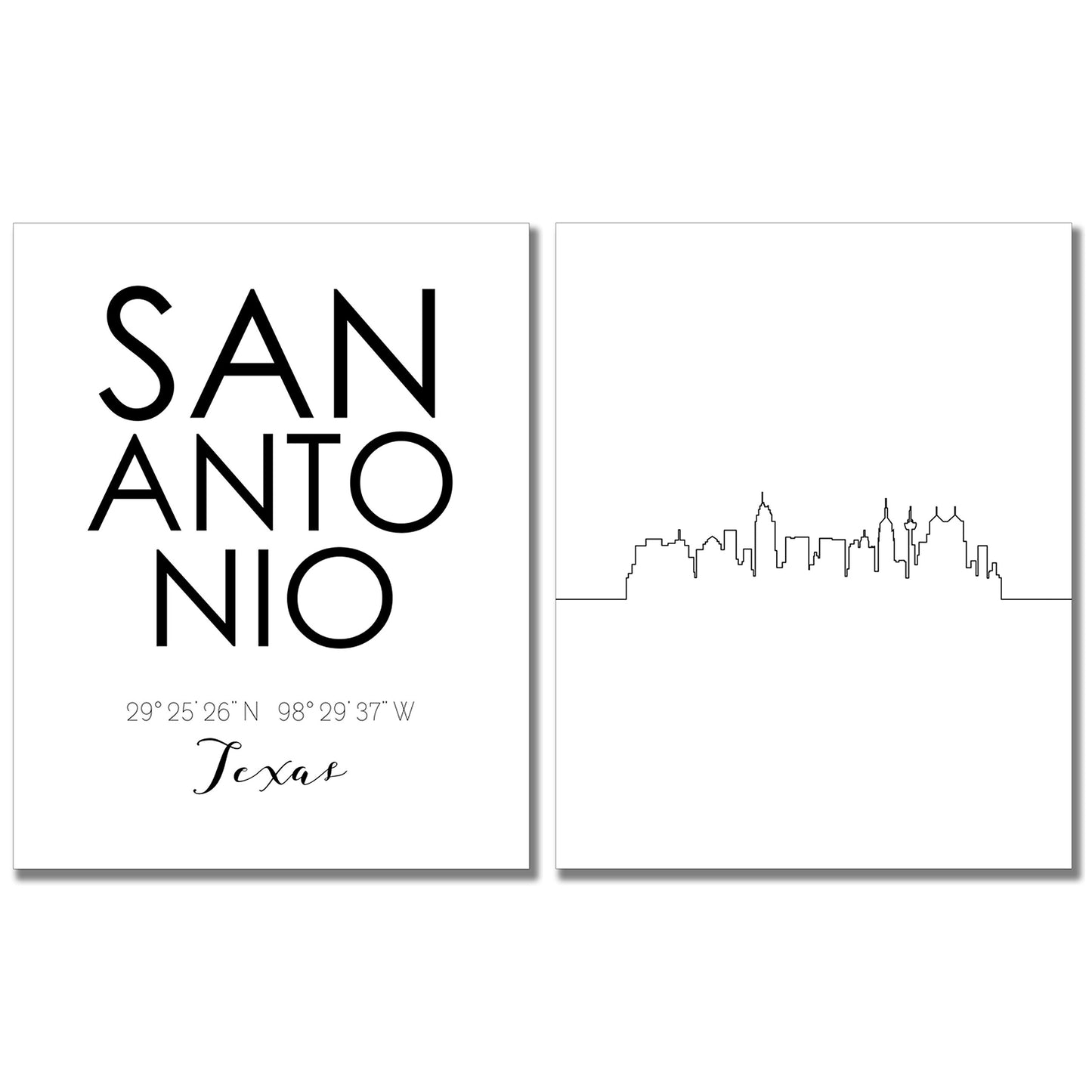San Antonio City Skyline Wall Décor Prints - Set of 2 (8x10) Art Photos - Typography Minimalist Poster