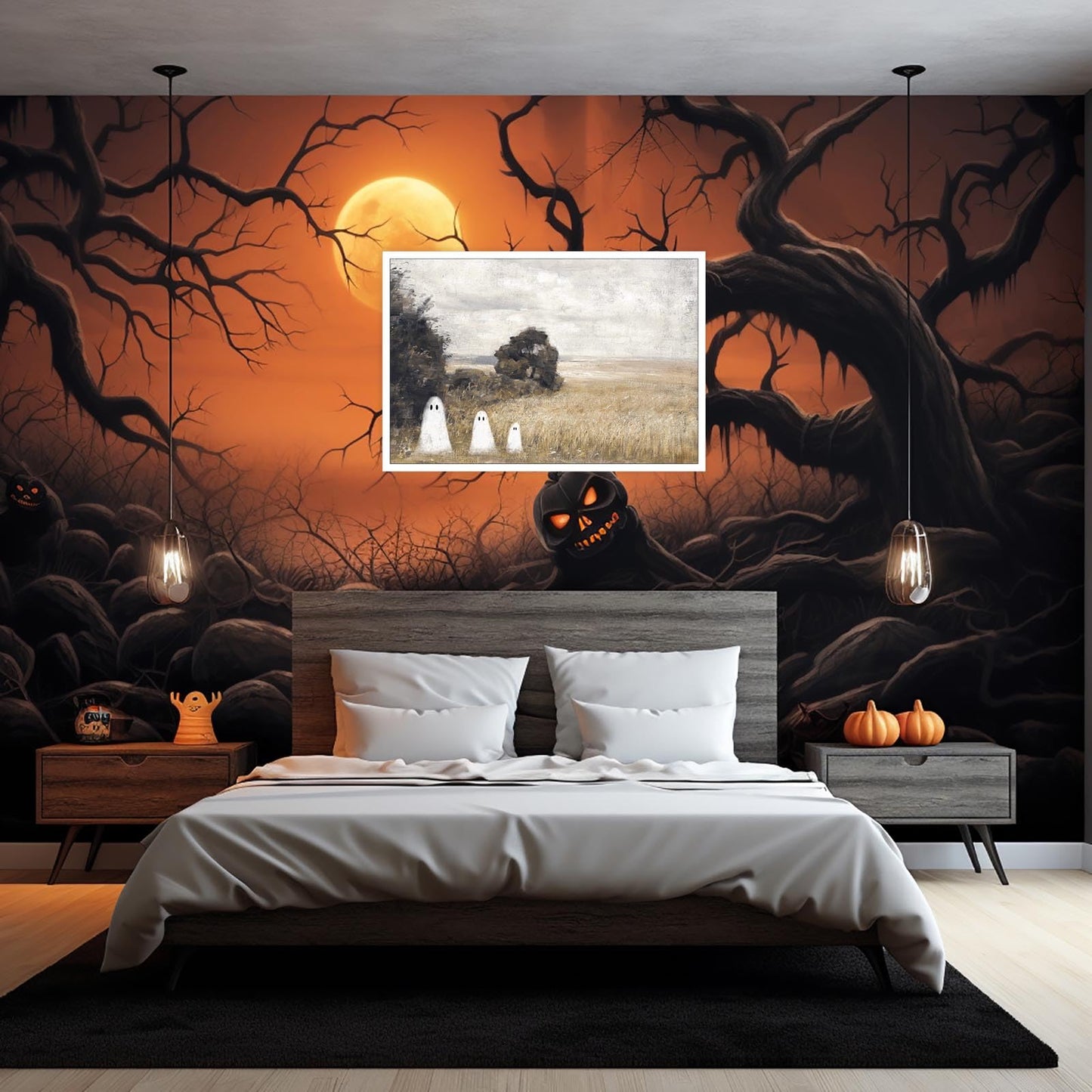 Htdsks Cute Ghost In Haunted Forest Canvas Wall Art Funny Spooky Poster Vintage Halloween Prints Painting Dark Academia Pictures Wall Decor 12x16in Unframed