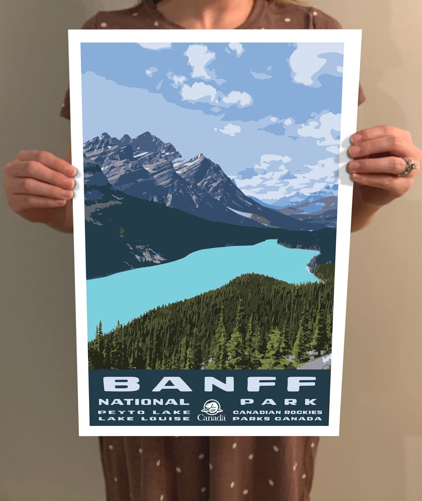 GO SEE DESIGN Banff National Park Travel Poster/Postcard - 8x10-12x18-18x24-24x36 / 4x6 WPA Style Art Print Peyto Lake Parks Canada Parcs Canada Alberta (8x10 Inch Poster)