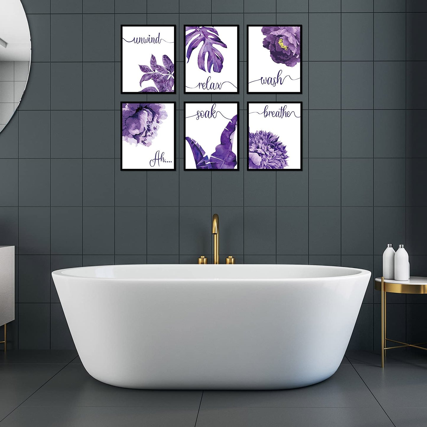 6 Pieces Purple Wall Art Decor Relax Soak Wash Breathe Unwind Bathroom Decor Unframed Flower Poster Prints Photos Farmhouse Wall Painting Decor for Home Bathroom Washroom, 8 x 10 Inch (Purple)