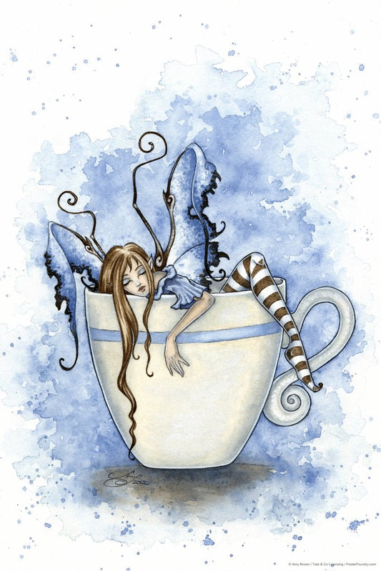 I Need Coffee by Amy Brown Poster Winged Fairy Resting In Coffee Cup Mug Funny Humor Drawing Cool Wall Decor Art Print Poster 12x18
