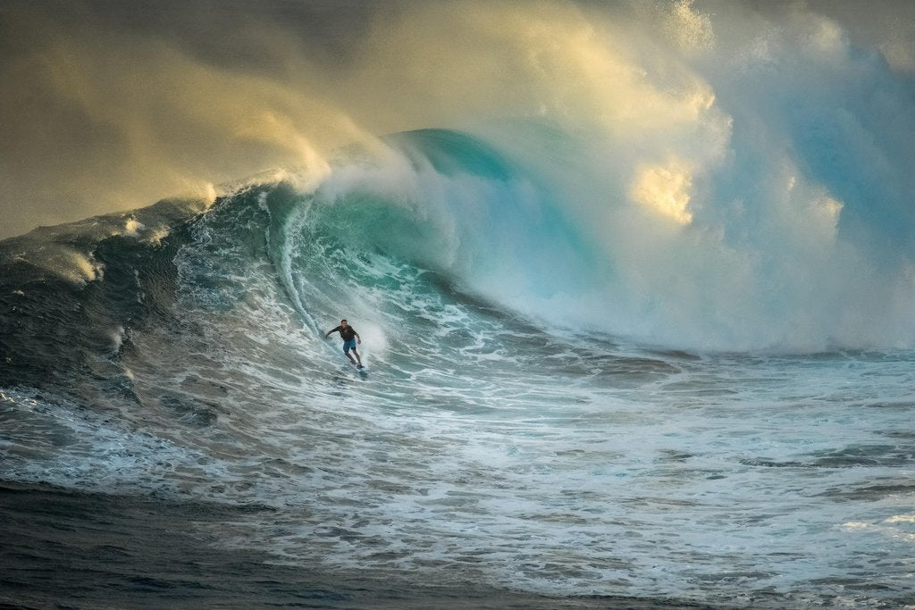 Surfing Poster Surfer On A Big Wave In the Ocean Jaws Beach Hawaii Hawaiian Waves Photo Photograph Cool Photo Sunset Palm Landscape Pictures Scenic Scenery Cool Wall Decor Art Print Poster 12x18