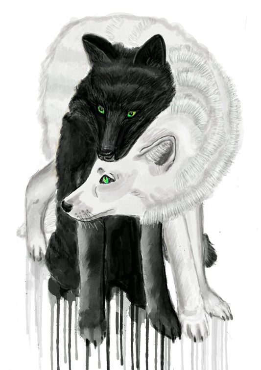 7Dots Art. Black and white Wolves Couple. Romantic Animals Family Series. Art Print, Poster 8"x10" on Fine Art Thick Watercolor Paper for Living Room, Bedroom, Bathroom. Wall Art Decor. (Wolf)