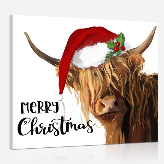 YPY Highland Cow Canvas Wall Art: Merry Christmas Cow Decorations for Home - Red Hat Cow Picture Farmhouse Decor Cute Farm Animal Print Framed Poster for Bedroom Living Room 10" x 12"