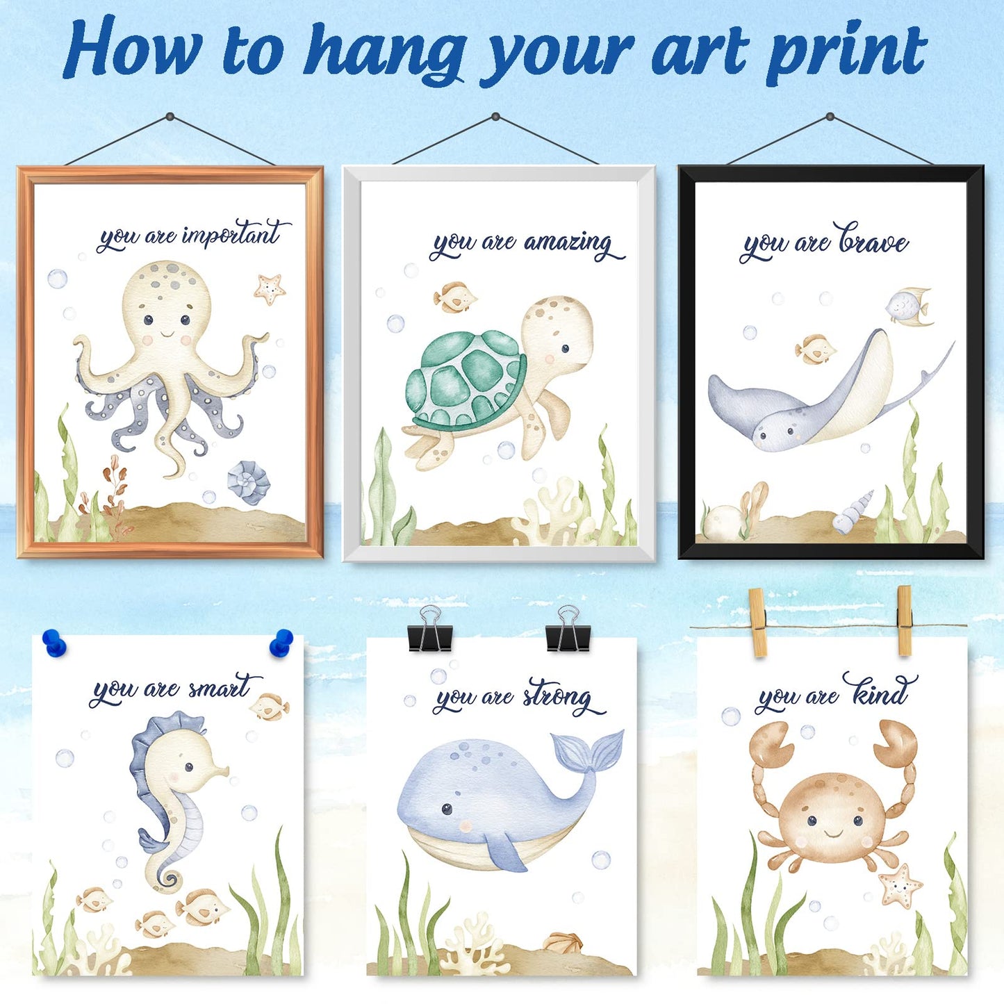 AnyDesign Texture of Dreams Watercolor Sea marine life Art Print Set of 6 (8" x 10") Sea Turtle Seahorse fish whale Jellyfish Watercolor Poster Blue Theme School Kids Room Wall Decor, Unframed