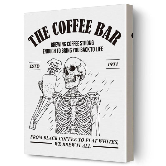 the Coffee Bar Framed Canvas Picture Coffee Wall Art, Skeleton Coffee Print Paintings Poster "12 x 15", Perfect Wall Decor for Coffee Bar Kitchen Gift