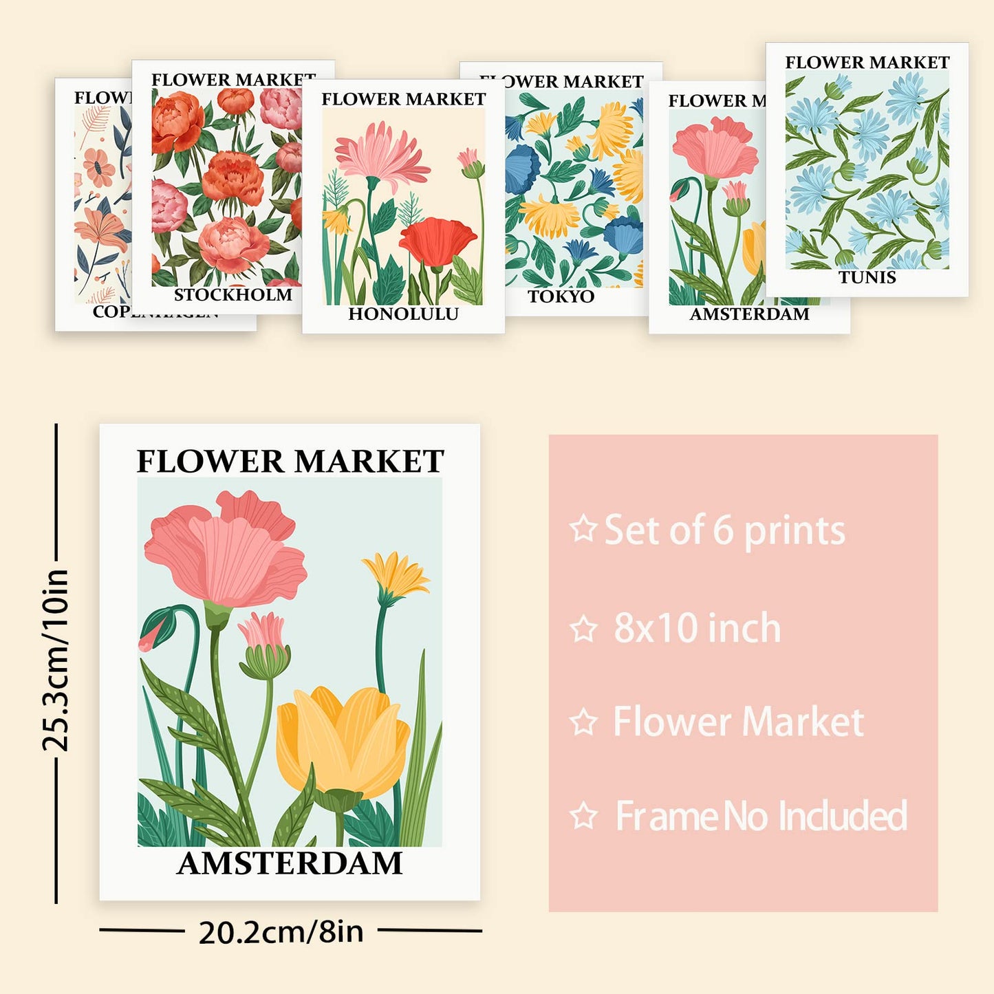 LIYAOLI Flower Market Art Prints Poster 8 x 10 inch Set of 6 Unframed Art Prints Flower Market Prints Colorful Floral Wall Decor for Wall Living Room Office Decoration