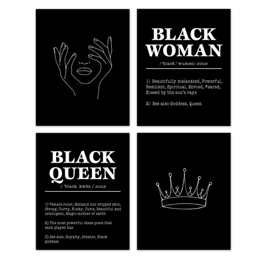 HUYAW Modern Minimalist Line Black Queen Woman Girl African American Crown Wall Art Prints Set of 4, Inspirational Posters Gifts for Black Women Girls Room Wall Art Decor (8 x 10 Unframed)