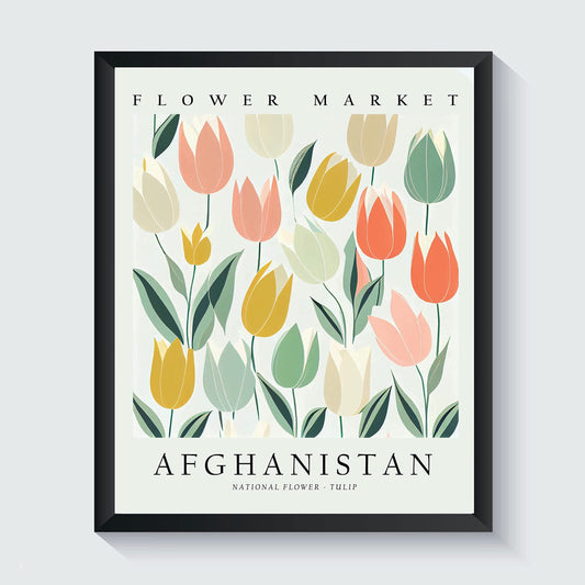 Afghanistan Art Print Poster, Tulip Flower Wall Art, Artwork Decor for Bedroom, Kitchen, Bathroom, Natural Pastel Color Poster (Afghanistan, Tulip, 16x20 inches + (Black Frame))