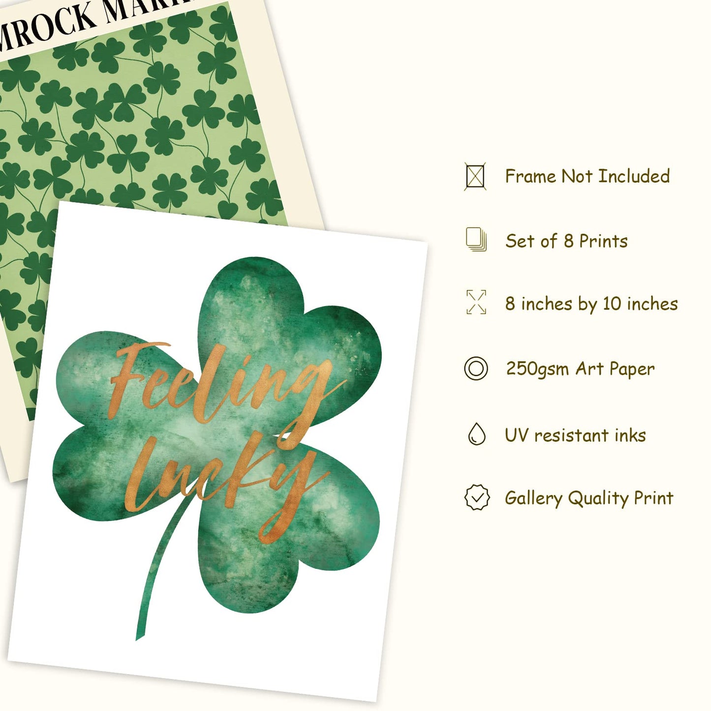 Whaline 8Pcs St Patrick's Day Wall Art Prints 8x10 Inch Watercolor Shamrock Art Poster Irish Lucky Clover Art Prints St Patrick's Day Poster for Gallery Wall Home Living Room Bedroom Decor (NO FRAME)