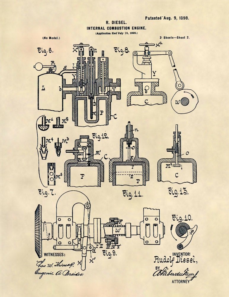 Patent Prints - 1898 Diesel Engine Patent Art - Patent Poster (8.5 x 11) - 140