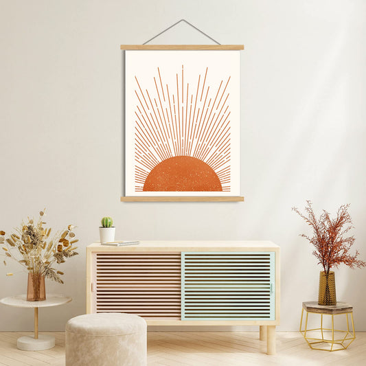 Boho Sun Wall Art Magnetic Poster Hanger Frame Wooden Magnet Canvas Artwork Sun Wall Art Rising on the Horizon Geometric Nature Illustrations Line Art Poster Hanger for Living Room Bathroom 12"x16"
