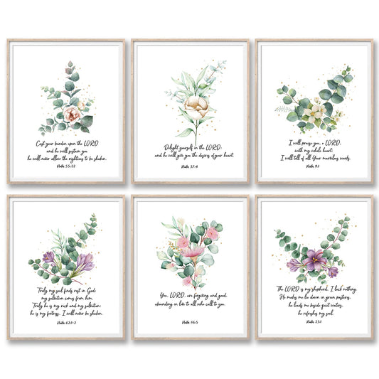 Biblical Inspirational Wall Art, Psalms Scripture Wall Art Christian Posters, Christian Wall Art Set Of 6 (8x10") Unframed, Watercolor Greenery Bible Verse Wall Art Prints, Christian Wall Decor