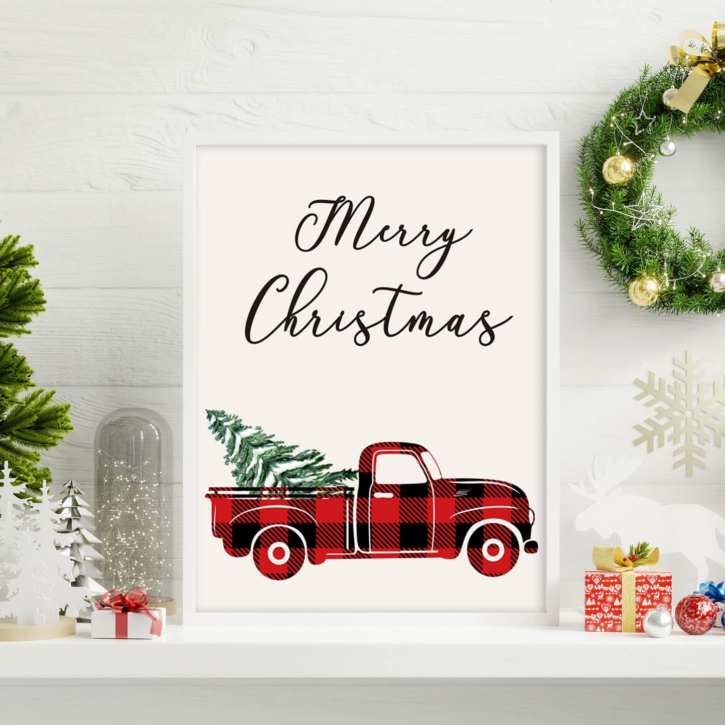 AnyDesign 6Pcs Christmas Wall Art Prints 8x10in Red Black Buffalo Plaid Art Poster Decor Farmhouse Xmas Tree Truck Reindeer Posters Room Decor for Gallery Living Room Bathroom Wall Decor(NO FRAME)