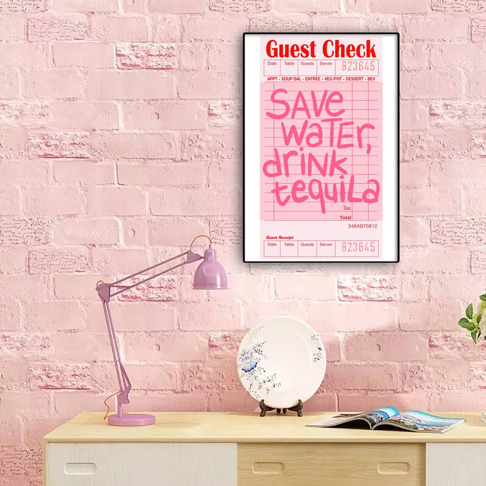 Oulores Funny Pink Guest Check Canvas Wall Art Preppy Funky Vintage Alcohol Posters for Room Aesthetic Retro Trendy Wall Decor Prints Artwork for Dorm Pub Bar Cart 12x16in Unframed