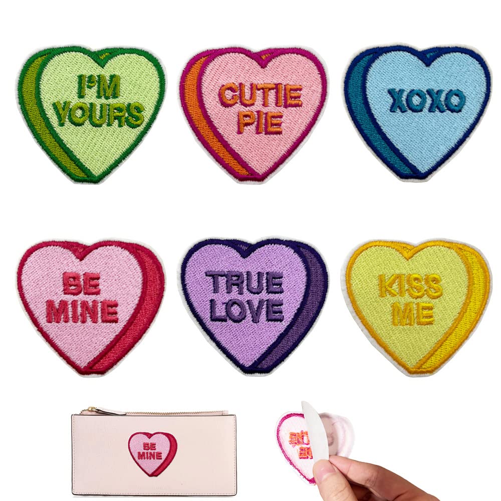 6 Pieces Pack Valentines Day Heart Patches, Self-adhesive Conversation Hearts Candy Embroidered Iron On Patches