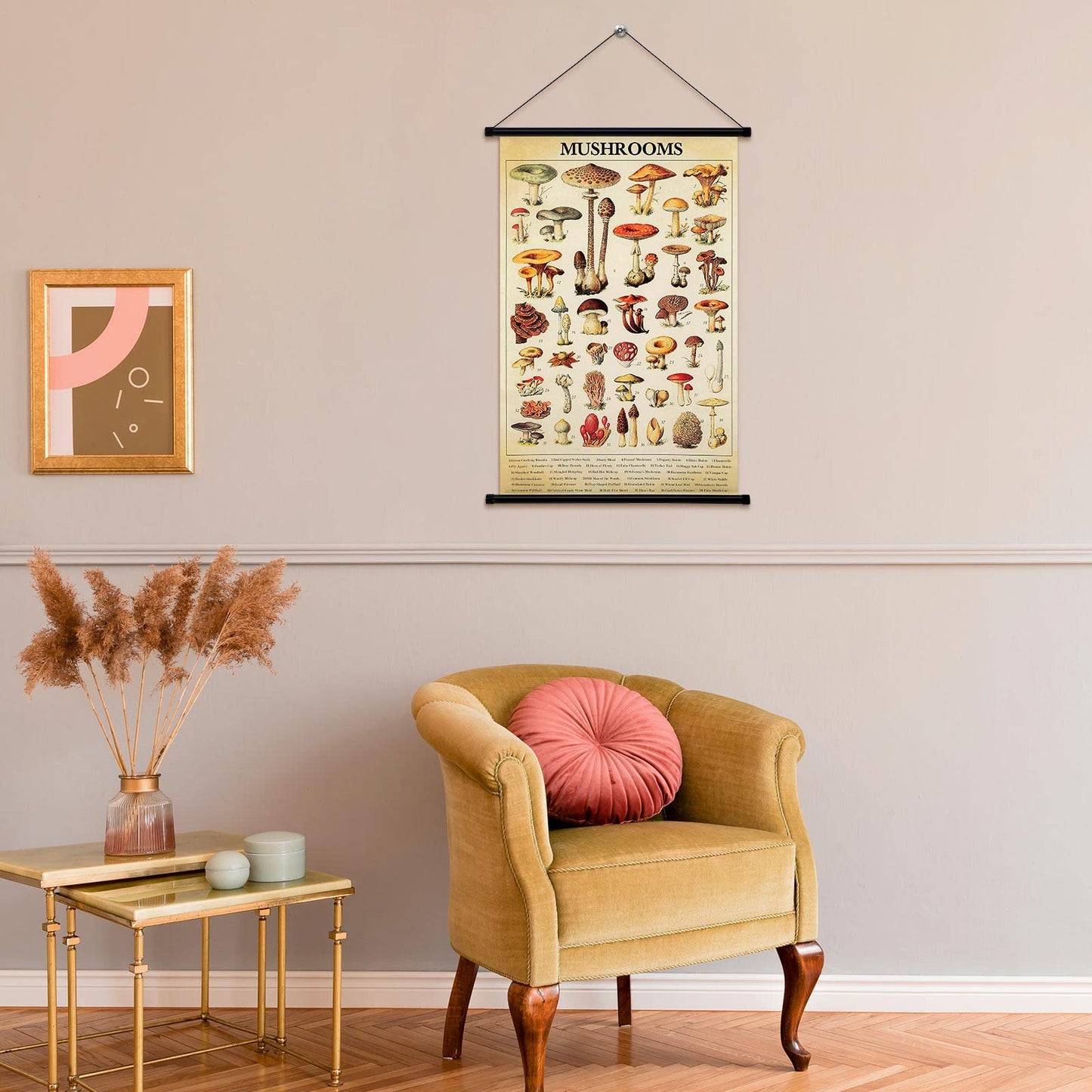Geyee Vintage Mushroom Poster Fungus Wall Art Prints Rustic Mushroom Wall Hanging Illustrative Reference Chart Poster for Living Room Office Classroom Bedroom Decor Frame, 15.8x23.6 Inch (Kraft Color)