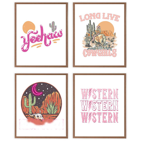 VNWEK Western Wall Decor,Western Room Decor,Cowgirl Decor,Pink Preppy Yee Haw Western Cowgirl Room Decor For Teen Girls,Girls Dorm Decor Wall Art Poster Prints Unframed 8X10Inch Set Of 4 (8X10Inch)