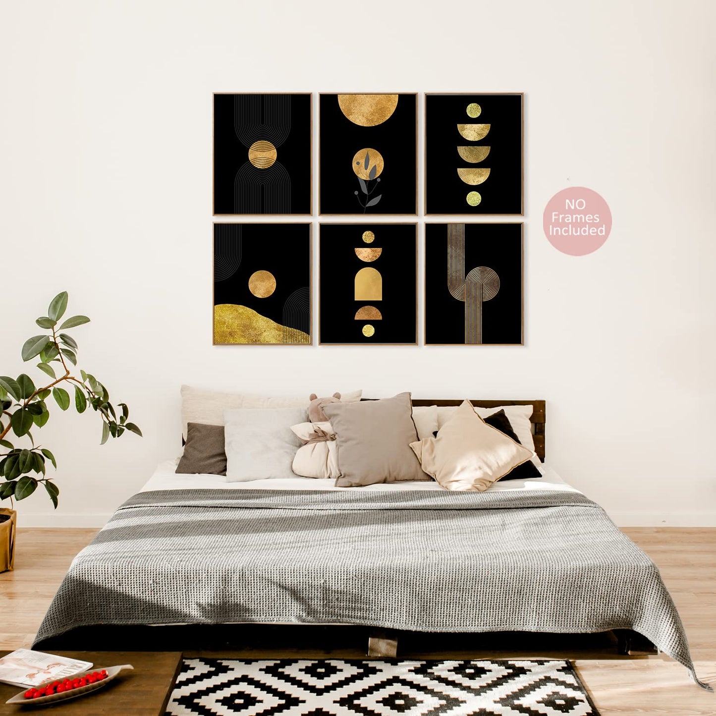 Black Art wall Decor,Boho Room Wall Art Decor, Gold and Black Boho Wall Art Prints Set of 6 (8x10)Minimalist Geometric Boho Art Wall Posters for Bedroom Living Room Bathroom Mid-Century Decor