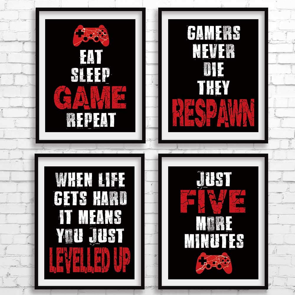 CHIEN-CHI LILI Four Blue Video Game Posters Set of 4 (8”X10”), Cool Video Game Themed Art Print Room Wall Decoration, Gamer Wall Art, Boys Bedroom, Gamer, Kids Room, Black, No Frames