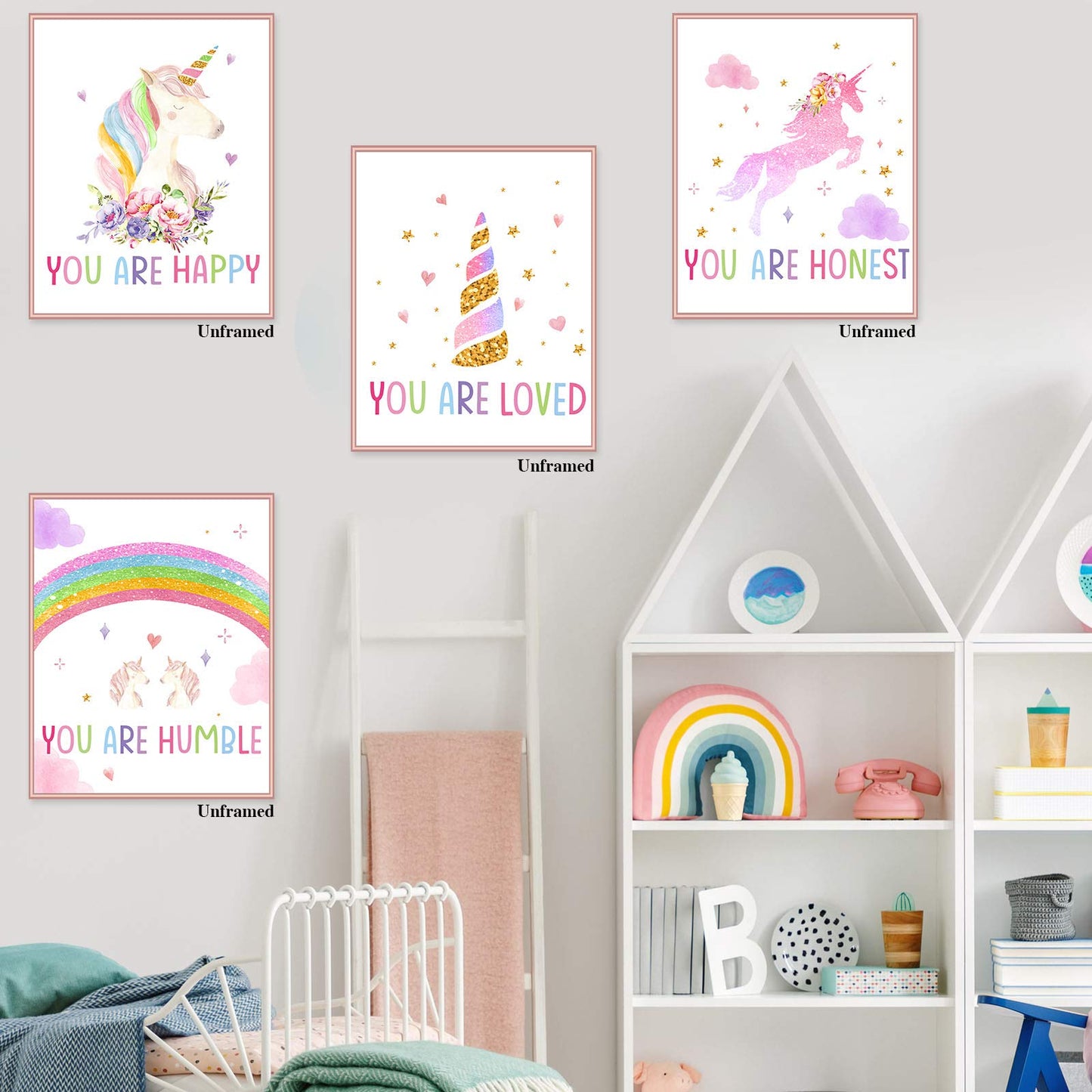 Zonon 9 Pieces Unicorn Rainbow Wall Art Prints Unicorn Rainbow Motivational Posters Unframed Watercolor Unicorn Rainbow Posters for Girls Kids Bedroom Nursery Decorations