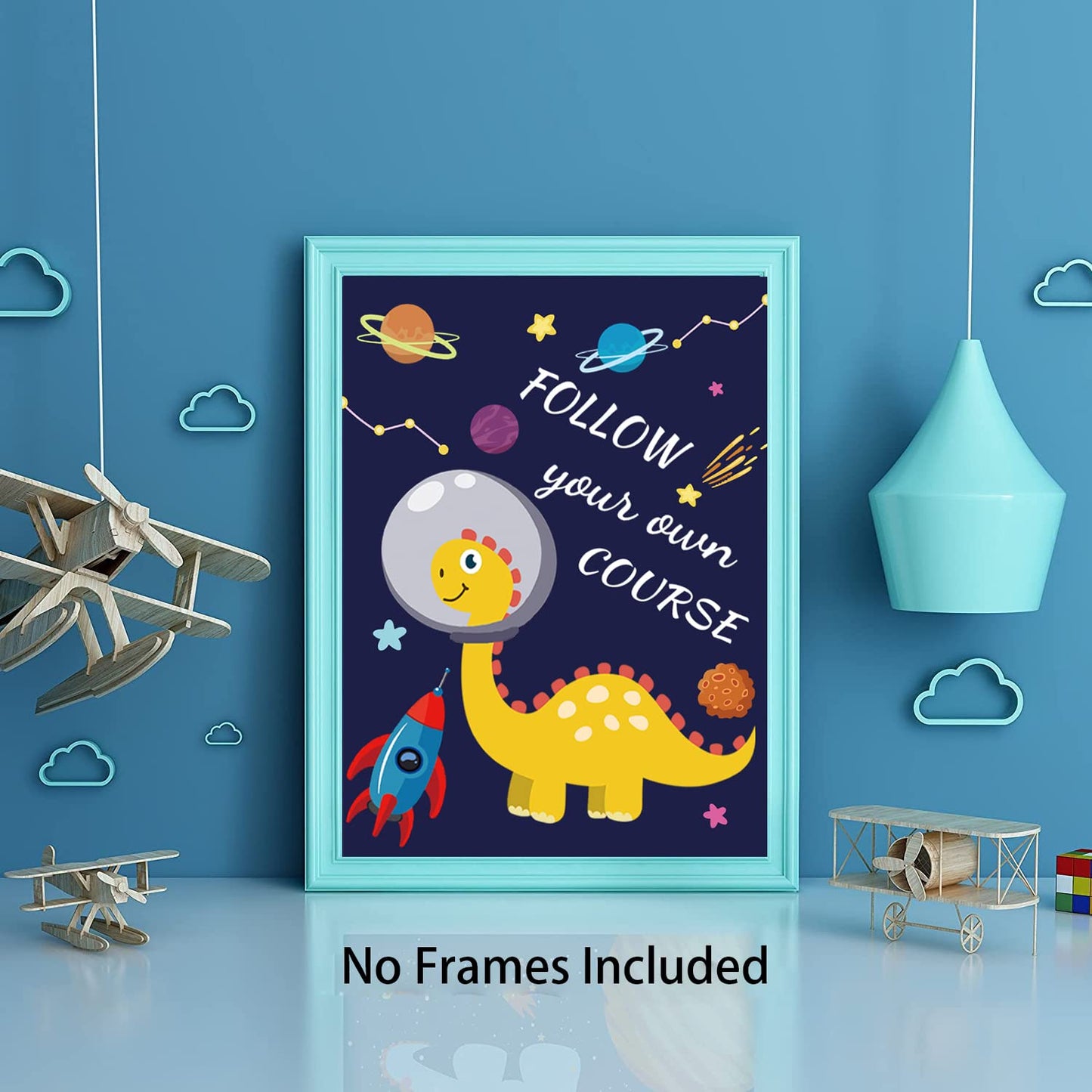 ZXjoys Dinosaur Outer Space Art Print, Wall Posters, Set Of 4 (8X10inch,Unframed) Watercolor Words Prints Planet Rocket UFO Painting for Nursery Kids Bedroom Classroom Decor