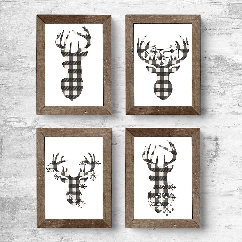 Miss Kate Cuttables 8x10 Prints - Cream & Black Buffalo Check Reindeer Head Silhouettes - Christmas Decoration Art for Frames | Set of 4 Wall Prints Posters (Unframed)