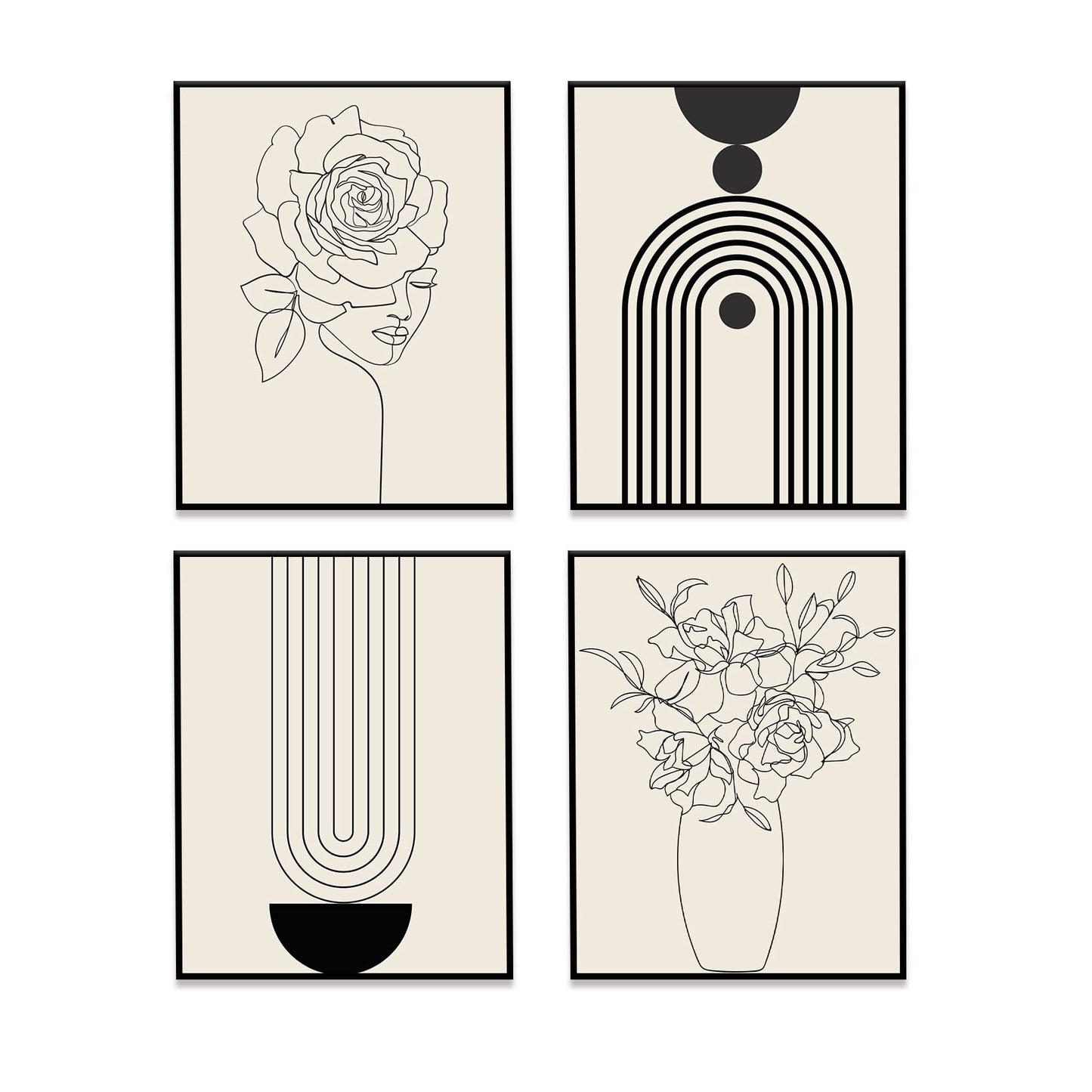Gufro Minimalist Boho Wall Art Prints Poster,Black Beige Women Body Line Art Flower Boho Art Prints, Office Home Decoration,8''x10''x4 Pcs Unframed