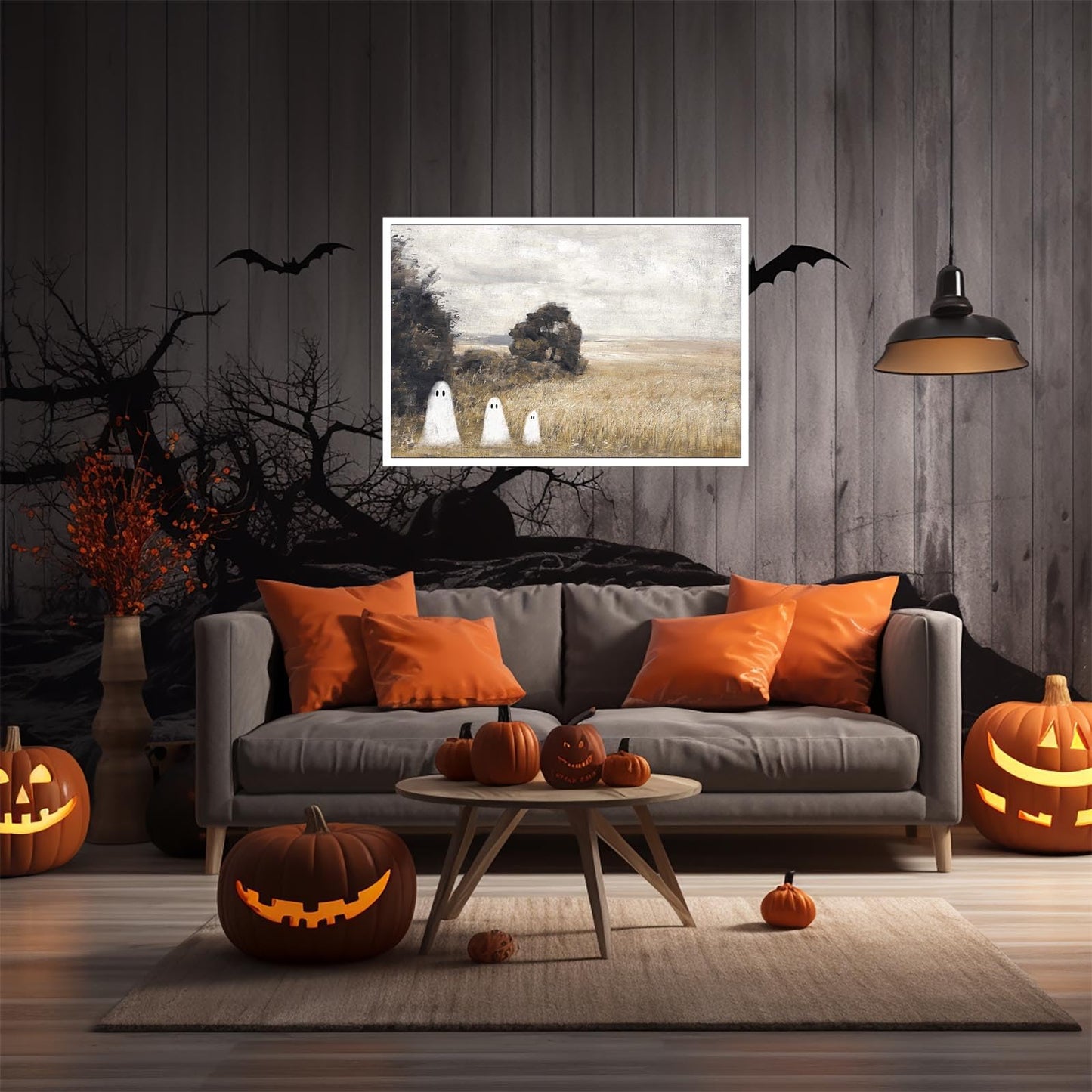 Htdsks Cute Ghost In Haunted Forest Canvas Wall Art Funny Spooky Poster Vintage Halloween Prints Painting Dark Academia Pictures Wall Decor 12x16in Unframed