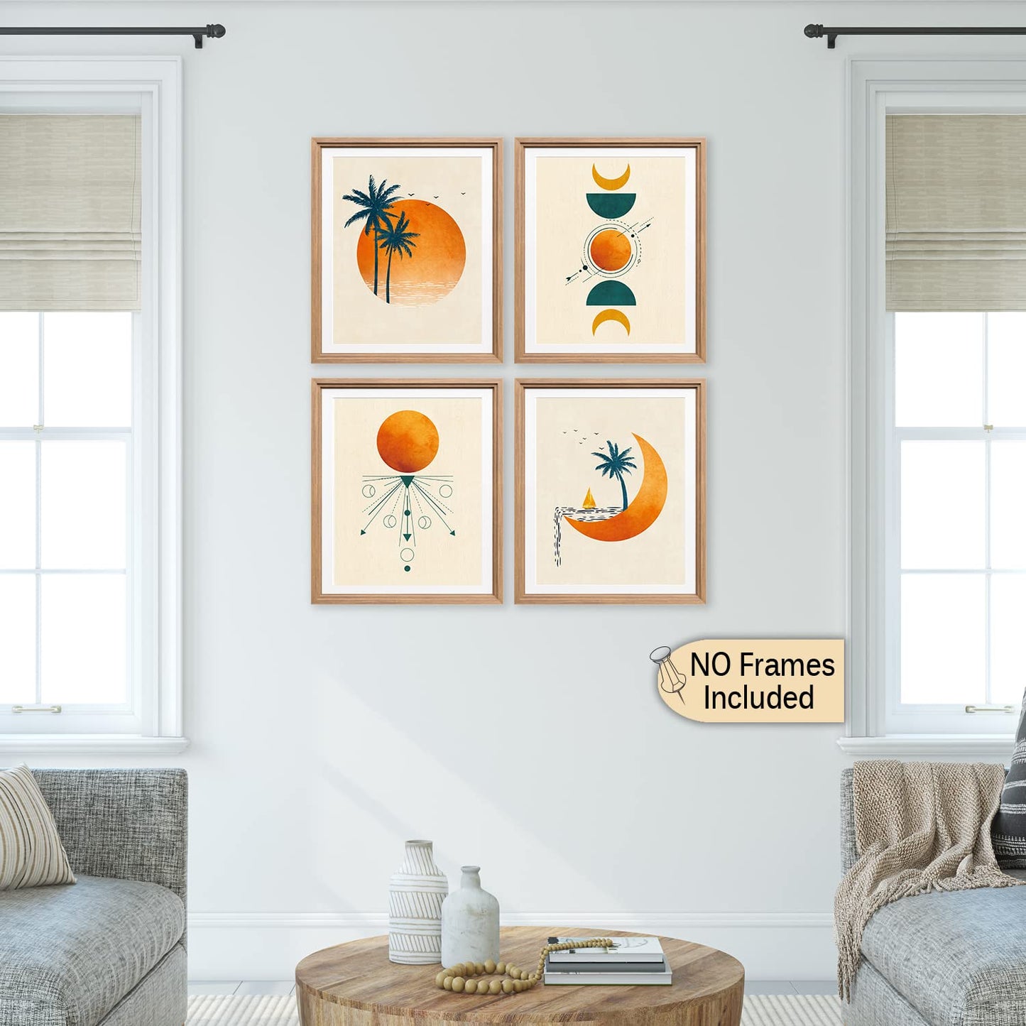 Abstract Sun And Moon Print, Coconut Tree Sun, Minimal Wall Art Poster, Boho Wall Decor, Modern Mid Century Geometric Decor Boho Sun, Sunset Art, (Set Of 4 Prints 8x10 Inch No Frame)