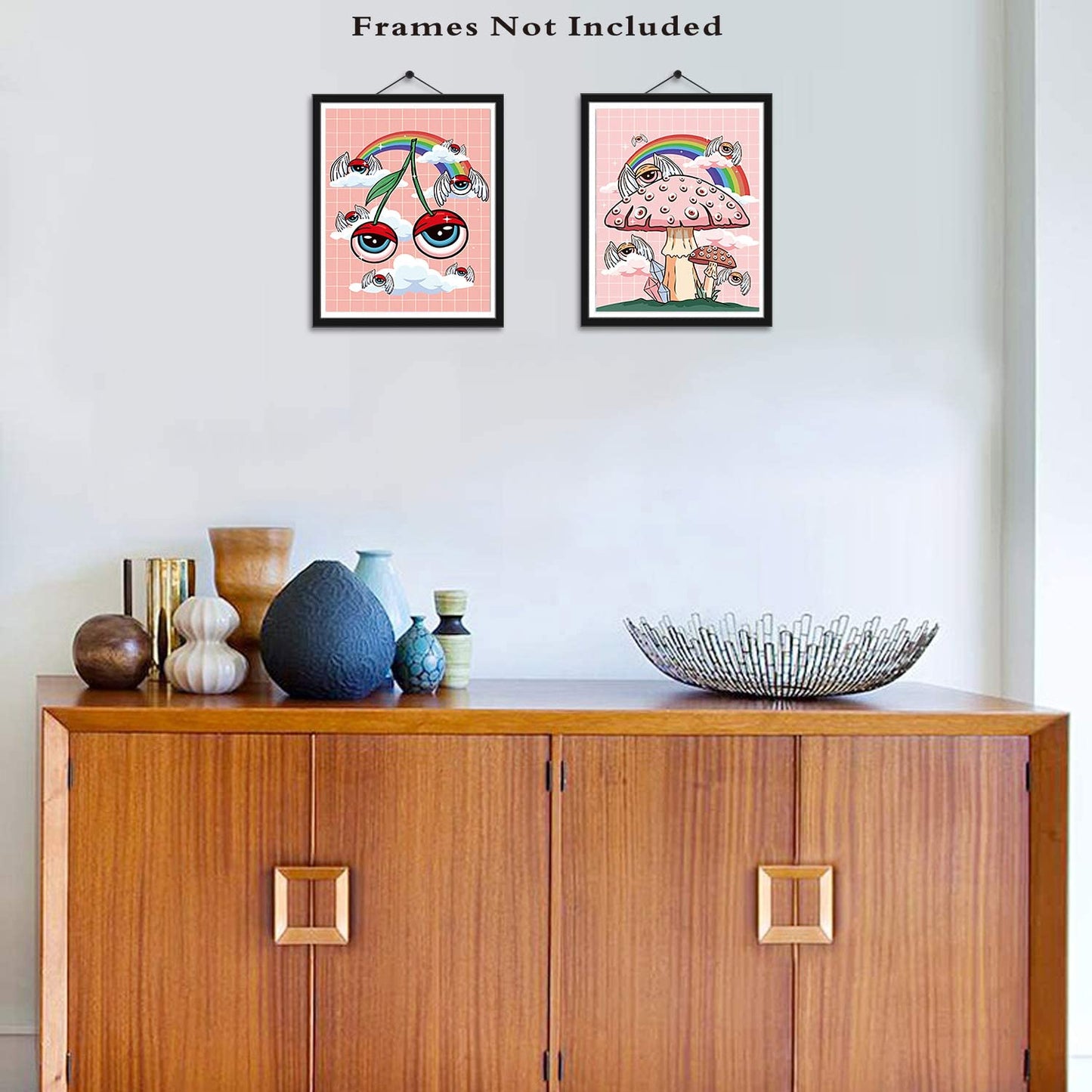 Retro Poster,Cute Watermelon Cherry Strawberry Mushroom Wall Art Canvas Painting Home Decor,Funny Kitchen Fruit Wall Art Prints,Set of 4 Retro Rainbow Wall Art Print Poster,8"x10",Unframed