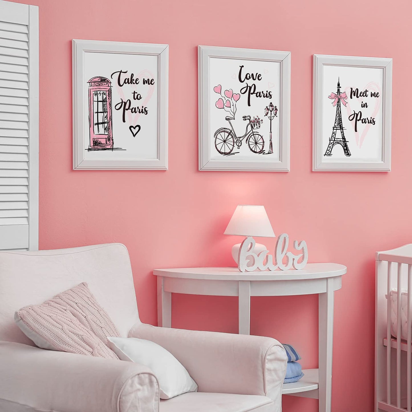 4 Pieces Paris Wall Art Prints, Pink Eiffel Tower Telephone Booth Romantic Paris Theme Room Unframed Art Poster Decor for Girls Living Room Bedroom Bathroom Kitchen Office Decor, 8 x 10 Inch