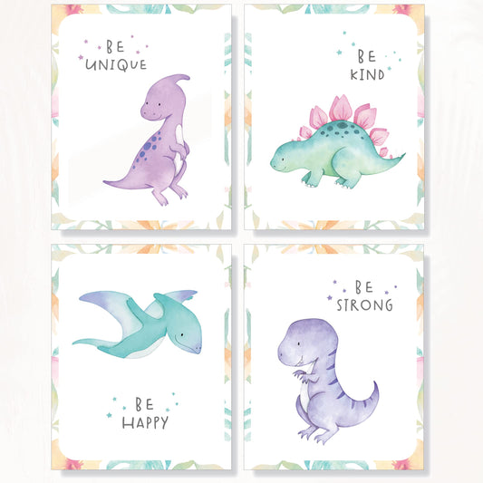 VICBOU 4 Pcs Cute Boys Room Decor Dinosaur Wall Art Prints Watercolor Dinosaur Nursery Decor Inspirational Quotes Posters Paintings for Boys Room Bedroom Playroom Wall Decor, 8x10 Unframed