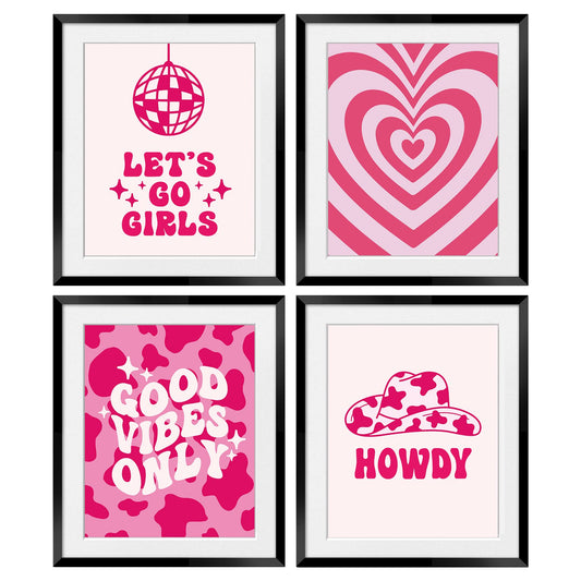 OGILRE Pink Abstract Disco Ball Let's Go Girls Howdy Good Vibes Only Preppy Wall Art Decorations Prints, Cowgirl Hat Hearts Boho Poster, 8x10 Inch 4 Set UNFRAMED