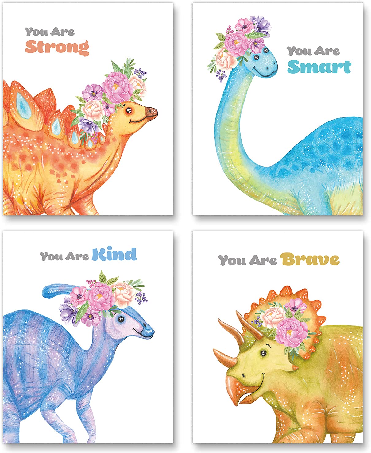 Gubrandin Watercolor Dinosaur Print Motivational Wall Art Nursery Bedroom Decoration Animals Flowers Poster Colorful Paintings for Kids Room Decor Gift (8x10 inch，Set of 4，Unframed)