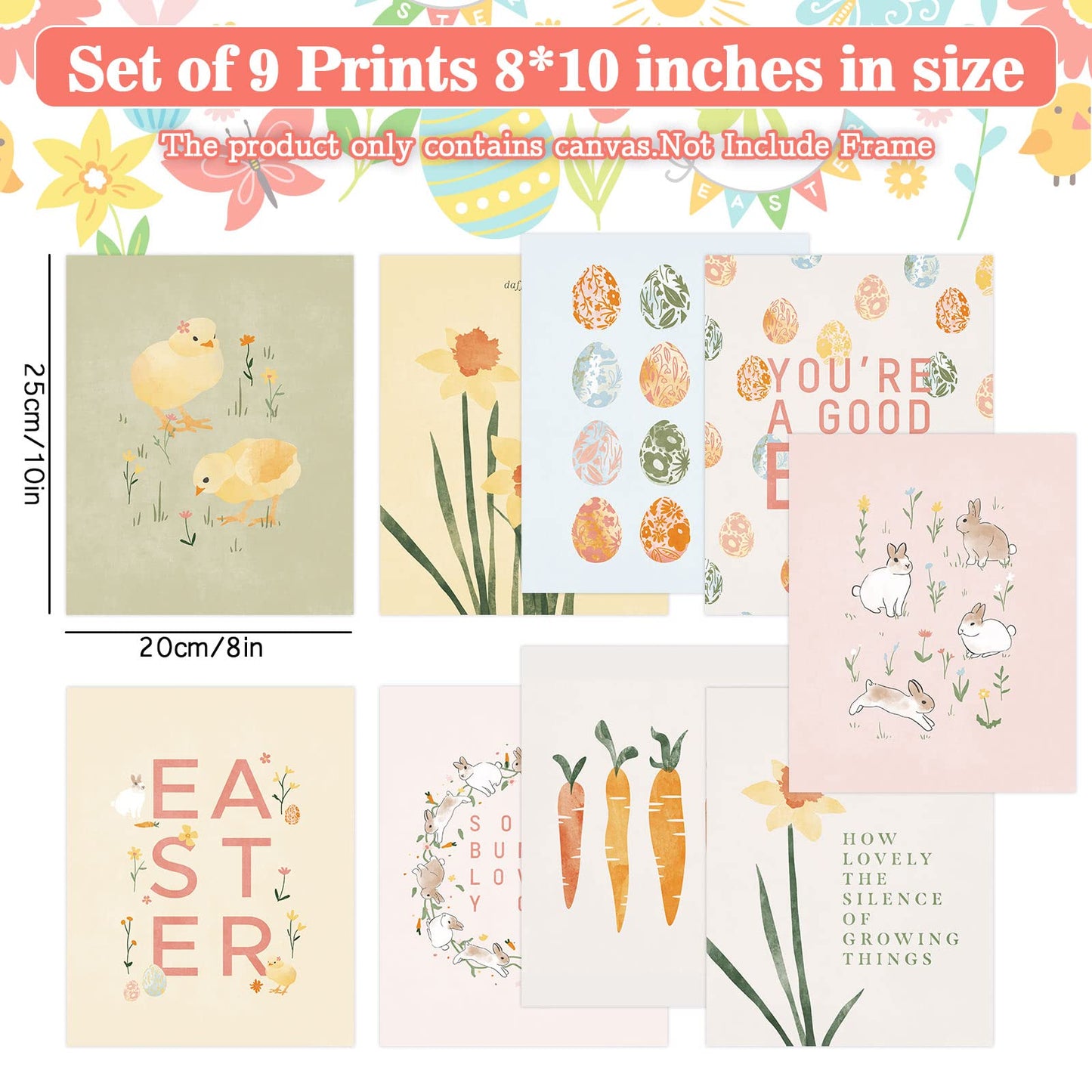AnyDesign 9Pcs Easter Wall Art Prints Decorative Easter Egg Rabbit Bunny Floral Canvas Art Posters for Spring Holiday Home Gallery Living Room Bedroom Decor, 8 x 10 Inch, Unframed
