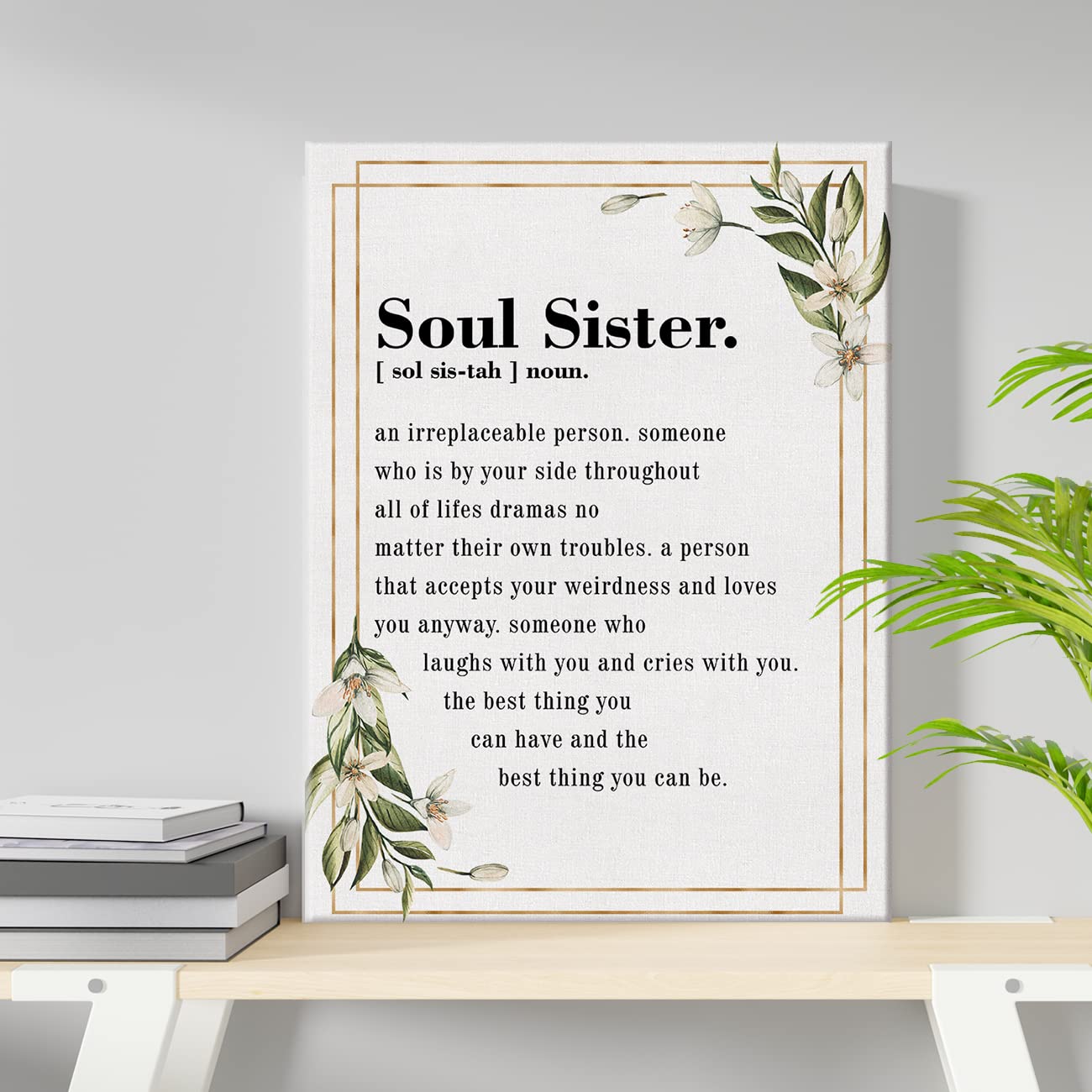 Soul Sister Definition Watercolor Canvas Print Decor an Irreplaceable Person Wall Painting Posters Artwork 11.5"x15" Gift for Home Office Decor (Wooden Framed)